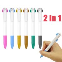 6pcs/set Press Type 2 In 1 Cartoon Animal Dog Ballpoint Pen 1.0mm Black Red Ink School Office Signature Tools Writing Stationery Pens