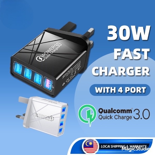 [LATEST] 30W Fast Charging Adapter 4 USB Port Phone Charger Adapter QC 3.0 UK Plug Adapter Universal Kepala Charger