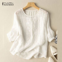 ZANZEA เสื้อปักลายดอกไม้ผู้หญิงแขน3/4ฝ้ายลินินเสื้อสูงต่ำ #2