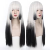 HOUYAN Long straight hair white gradient gray and black cosplay Lolita wig heat resistant wig synthetic wig ladies mixed color g Wig  Hair Extensions