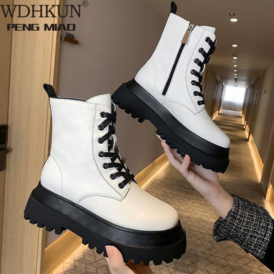 2021 White Color Soft PU Leather Ankle Boots Women Platform Motorcycle Booties Female Autumn Winter Shoes Woman Goth Short Boots