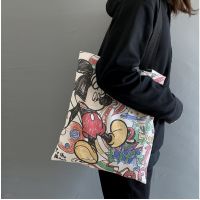 Canvas bag New Korean female canvas shoulder bag female shoulder bag in cute cartoon fashion trend printed with the image of Mickey, a student, female canvas bag