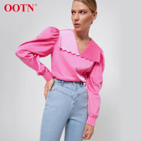 OOTN Casual Satin er Pan Collar Withe Long Sleeve Blouse Autumn Lantern Sleeve Shirt Female Party Silk Pink Women Top 2021