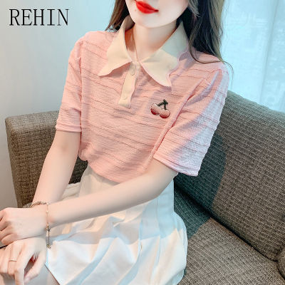 REHIN เสื้อฉบับภาษาเกาหลีแขนสั้นผู้หญิง,เสื้อโปโลแขนพองคอโปโลใหม่ฤดูร้อนเสื้อยืดลูกไม้