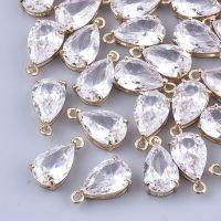 2pc Transparent Glass Charms with Brass Findings Faceted Teardrop Light Gold Clear 15x8x6mm Hole: 1.2mm