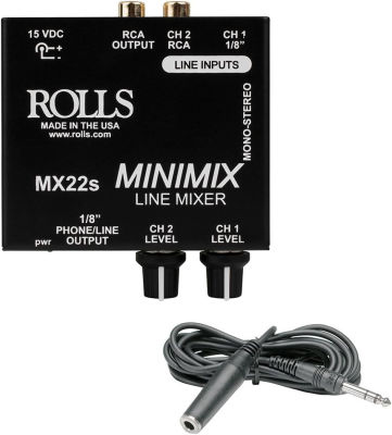 Rolls MX22s Mini Mix Line Mixer with Hosa 1/4" Phone TRS Headphone Extension Cable- 10