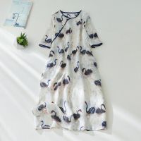 【LZ】♀❁♂  Vestido feminino fino e macio com estampa rami perolização cisne estilo chinês vintage vestes cheongsam de verão vestido midi casual solto