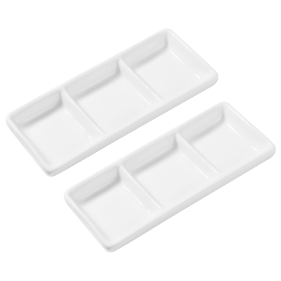 BESTONZON 2pcs 6 Inch Pure White Ceramic 3-Compartment Appetizer Serving Tray Rectangular Divided Sauce Dishes for Spice Dish So