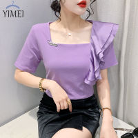 YIMEI เสื้อยืดผู้หญิงสวย,เสื้อยืดผ้าฝ้าย2023แฟชั่นเกาหลีใหม่ฤดูร้อนแขนสั้นแต่งระบายขอบสดใสขนาดเล็กคอสี่เหลี่ยมสีม่วงสำหรับผู้หญิง