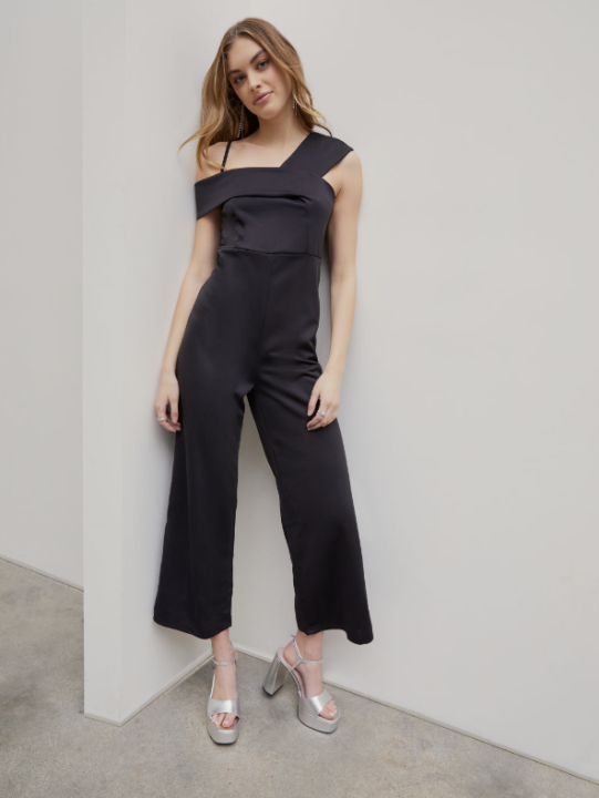 Cider Kpop Satin Solid Offshoulder Asymmetrical Stitch Jumpsuit