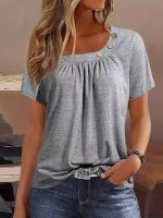 xixibeauty Ruched Solid Blouse, Casual Asymmetrical Short Sleeve Blouse, Womens Clothing