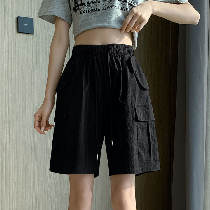 ชุดทำงานกางเกงขาสั้นผู้หญิง-2023-ออกแบบฤดูร้อนกระเป๋าเอวยางยืดกางเกงขากว้างกางเกงห้าส่วนลำลองดูผอมสำหรับคนตัวเล็ก