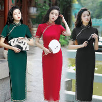 2022สีแดงผู้หญิง Cheongsam จีนแบบดั้งเดิมวินเทจสาวชุดฤดูร้อนบางชุดที่สง่างาม Qipao M ถึง4XL สีเขียวสีดำ