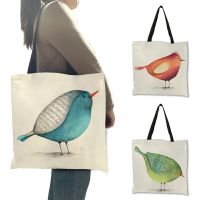 Cute Little Bird Print Linen Tote Bag Women Fabric Handbags Folding Reusable Shopping Bags