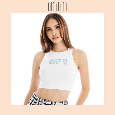 [MILIN] Cropped tank tee with logo print crystals เสื้อกล้ามผ้ายืดทรงครอปท็อปประดับคริสตัล / Work It Tank Top