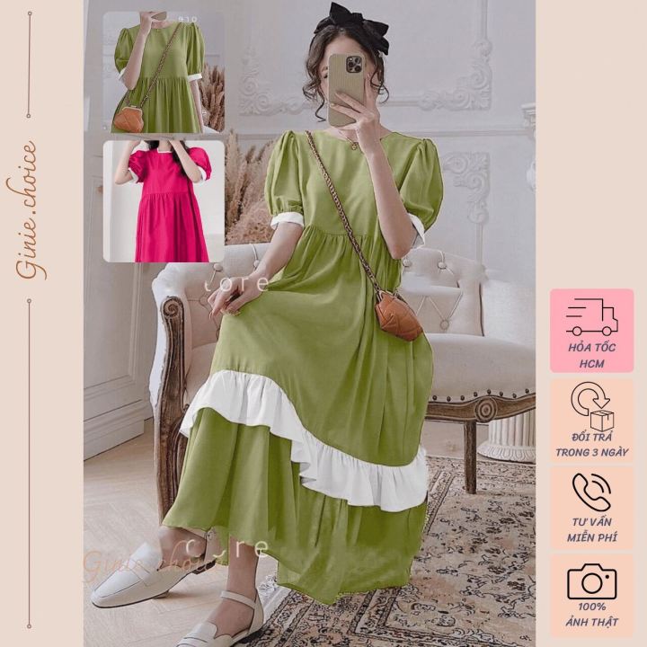 Đầm maxi dài Babydoll tay phồng, Váy maxi dài đi biển, đầm xòe tay ...