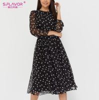 ZZOOI S.FLAVOR Vintage Dot Printing Women Chiffon Dress 2020 Autumn Fashion Casual Dress Boho Beach Women A-line Vestidos