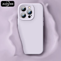 AUOVIEE เคสสีทึบซิลิโคนเหลวแท้หรูหราสำหรับ iPhone 15 14 13 Pro Max Plus แบบบางเฉียบปกป้องกล้องฝาหลัง