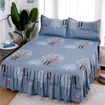 3PcsSet Korean Brushed Printed Bed Skirt Bed Cover Student Dormitory Non-Slip Sheet Cover Bedroom 3D Lace Bed Skirt Bedding