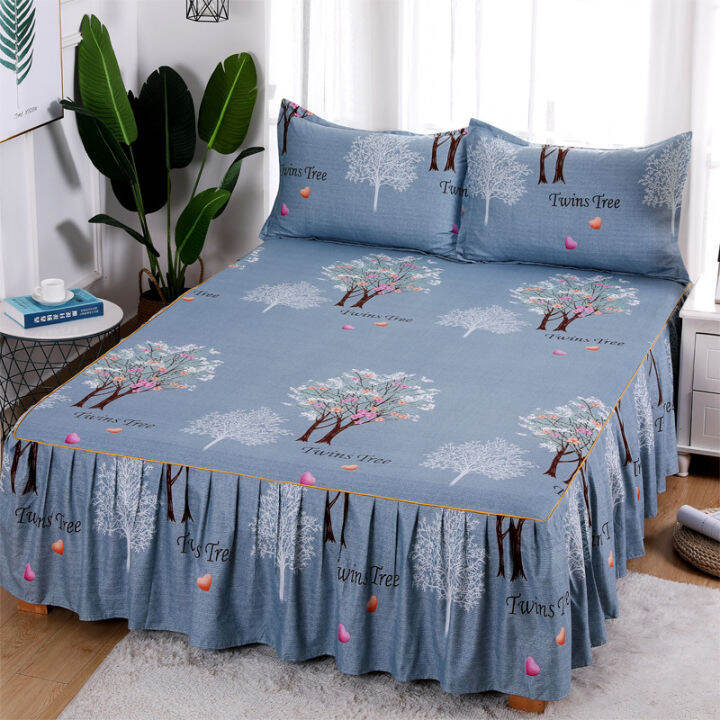 3pcsset-korean-brushed-printed-bed-skirt-bed-cover-student-dormitory-non-slip-sheet-cover-bedroom-3d-lace-bed-skirt-bedding