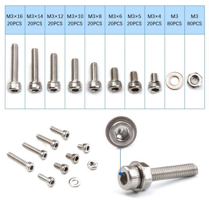 320pcs-m3-304-stainless-steel-hexagon-socket-head-cap-screw-nut-gasket-round-head-screw-bolt-nut-set-assortment-kit-box