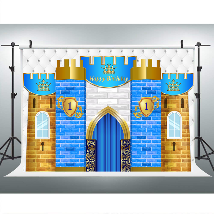 worth-buy-royal-prince-blue-castle-1st-วันเกิดพื้นหลังการถ่ายภาพเด็กผู้ชายคนแรกอาบน้ำเด็กวันเกิดปาร์ตี้ฉากหลังธงราวประดับตกแต่ง