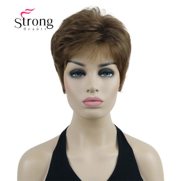 strongbeauty-ธรรมชาติมองสั้นปุยสีน้ำตาลทองเต็มวิกผมสังเคราะห์