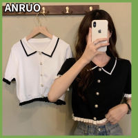 ANRUO เสื้อยืดแขนสั้นผ้าไหมน้ำแข็งดำสำหรับผู้หญิง,เสื้อแขนสั้นดีไซน์เก๋เสื้อกันหนาวแบบถักแบบสั้นกลิ่นหอมขนาดเล็กฤดูร้อน