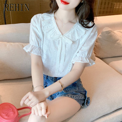 REHIN เสื้อสไตล์เกาหลีแบบใหม่ผู้หญิง,เสื้อเสื้อผู้หญิงแขนสั้นผ้าชีฟองบางเสื้อกันหนาวสวมหัวคอวีสง่างามฤดูร้อน