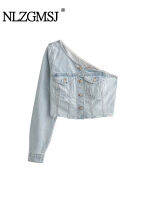 Nlzgmsj TRAF ต้นฤดูใบไม้ร่วงใหม่อเนกประสงค์ไม่สมมาตร Neckline แขนยาว Denim เสื้อผู้หญิง R Street แนวโน้ม Overcoat