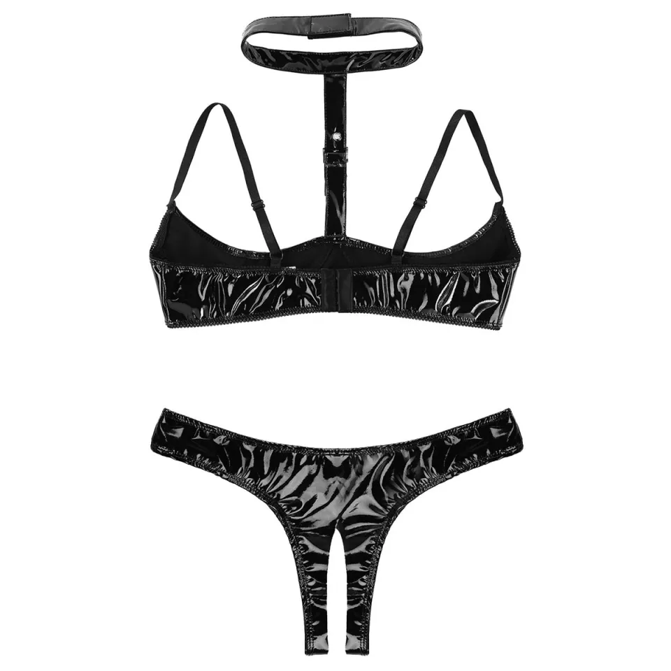 2Pcs Womens Wet Look Patent Leather Sexy Lingerie Set Open Cups
