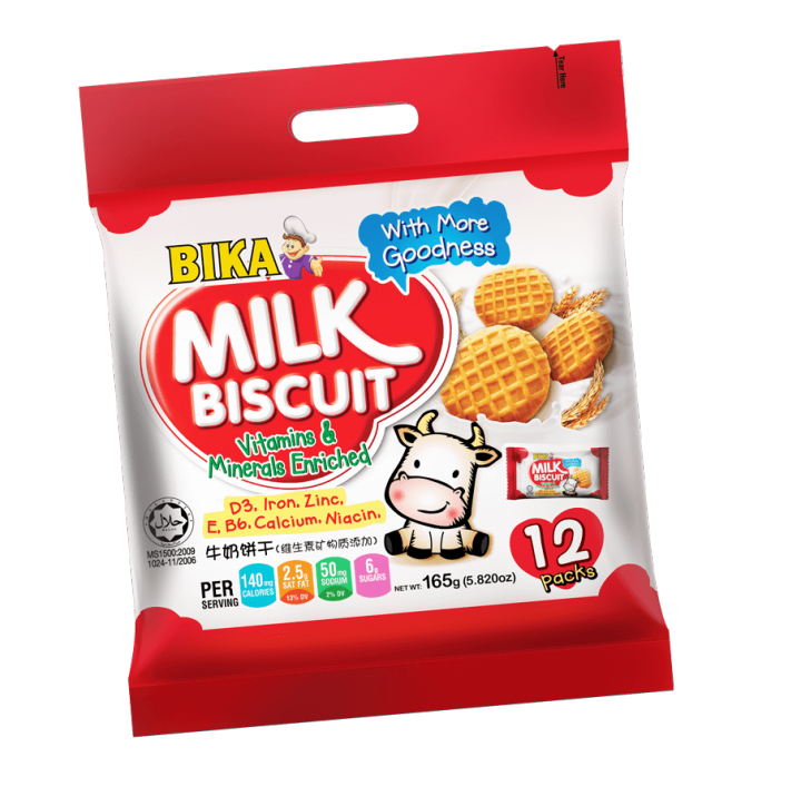 BIKA Milk Biscuit Vitamins & minerals Enriched บิสกิตนม เสริมวิตามินและแร่ธาตุ 165g (12ห่อ)