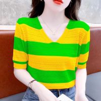 Knitted Tshirt Women Fashion Casual V Neck Tops Summer Short Sleeve Tee Hollow Stripe T Shirt