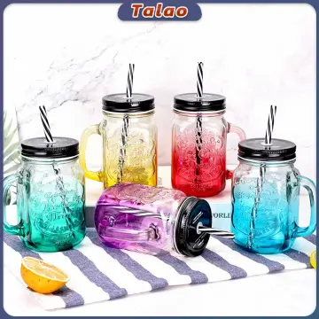 Glass Cup Mason Jar Gradient Transparent With Cover And Straw