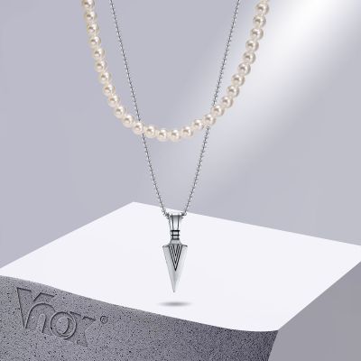 【cw】 Vnox Stackable Men Necklaces Spear Pendant with Chain 8mm Simulated Beads Collar ！
