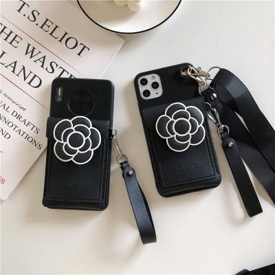 กระเป๋าสตางค์หนังสีดำสำหรับ iPhone14promax Camellia Holder Case สำหรับ iPhone13 กระเป๋าสะพายไหล่สีดำสำหรับ iPhone12Promax Luxury Leather Case สำหรับ iPhone11