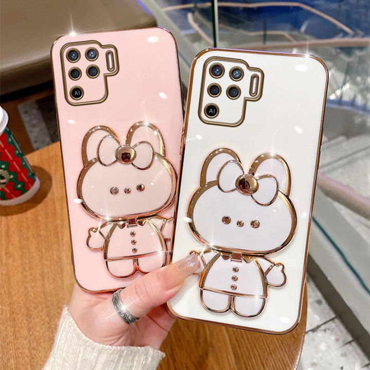 jiefie-น่ารักกระต่ายเคสโทรศัพท์สำหรับ-oppo-a92-a93-a94-a95-a96-a97-a98-a91โครเมี่ยมสุดหรูชุบกล่องสี่เหลี่ยมจตุรัสแต่งหน้า-tpuนิ่มชนิดใสโทรศัพท์-ขาตั้ง