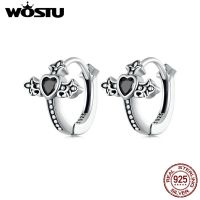 WOSTU Vintage 925 Sterling Silver Black Zircon Cross Hoop Earrings Women Retro Punk Cross Ear Buckle Hip Hop Jewelry Lucky Gift