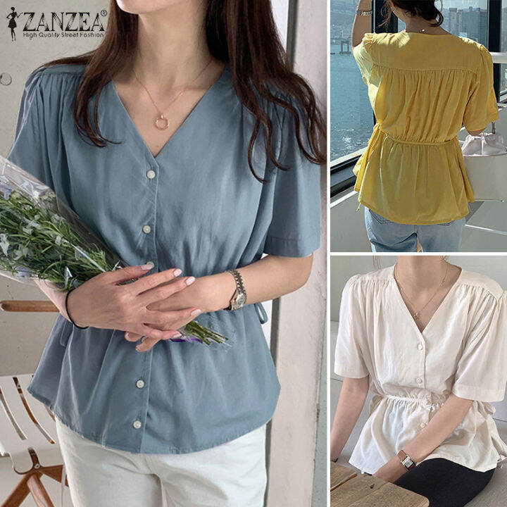 สินค้ามาใหม่-จัดส่งฟรี-fancystyle-zanzea-เสื้อทำงานคอวีแขนลำลองขาสั้นสไตล์เกาหลีของผู้หญิงเสื้อเชิ้ตทำงานปุ่มทึบขึ้น-10