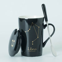 2021Ceramic Mugs 12 Conslations Creative Glass with Spoon Lid Black and Gold Porcelain Zodiac Milk Coffee Cup Drinkware