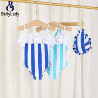 2 Pcs Girls Children Swimsuit Striped Printing One-piece Princess Brief Swimwear Swimming Cap【fast】