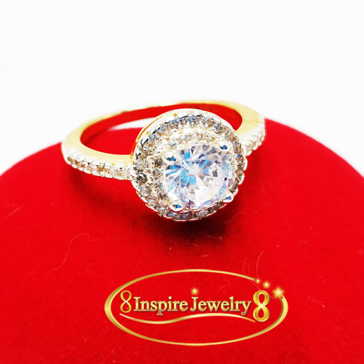 inspire-jewelry-แหวนฝังเพชรสวิส-เม็ดกลางล้อมเพชรรอบนึง-และฝังเพชรที่บ่าแหวนทั้งสองข้าง-ตัวเรือน-หุ้มทองแท้-100-24k-สวยหรู-ราคานี้ไม่รวมกล่อง