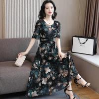 Chiffon Short Lotus Leaf Sleeve O-Neck Tea-Length A-Line Floral Print Big Swing Green White Plus Size Slim Cocktail Dress