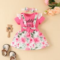 0-18M Baby Girls Skirt Sets Short Sleeve Round Neck Romper Tops A-Lined Floral Short Skirt with Headband 2023 New Clothing Set  by Hs2023