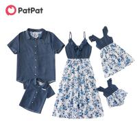 【YF】 PatPat New Arrival Summer Mosaic Cotton Family Matching Floral Flounce Tank Dresses and Denim Tops Look Sets