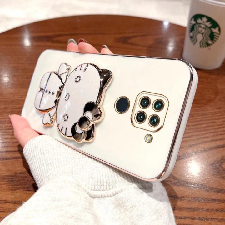 folding-makeup-mirror-phone-case-for-xiaomi-redmi-note-9-4g-case-fashion-cartoon-cute-cat-multifunctional-bracket-plating-tpu-soft-cover-casing