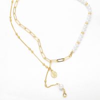 FLOLA Half Gold Plated Paperclip Chain Necklaces For Women White Pearl Beads Virgin Mary Necklaces Tassel Jewelry Nkeb644