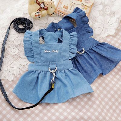 Print Pet Clothes Spring And Summer Harness Dress With D-Ring Dog Shirt Cat Denim Vest Puppy Outdoor Walk Chest Strap Dress Pug Dresses