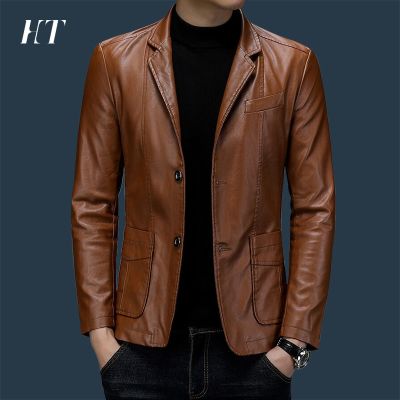 ZZOOI Dress Suit Coat Mens Jackets Lapel Business Leather Jackets Men Pu Blazers New Korean Style Slim Fashion Leather Coat Streetwear