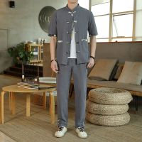 Ready Stock?? Summer thin cardigan shirt cotton linen suit mens 2023 new Chinese style single-breasted trousers linen suit